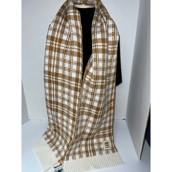 Timberland SCARF Sweater Knit Cream Gold Mustard Ribbed Hem Plaid Warm NEW - Picture 6 of 8